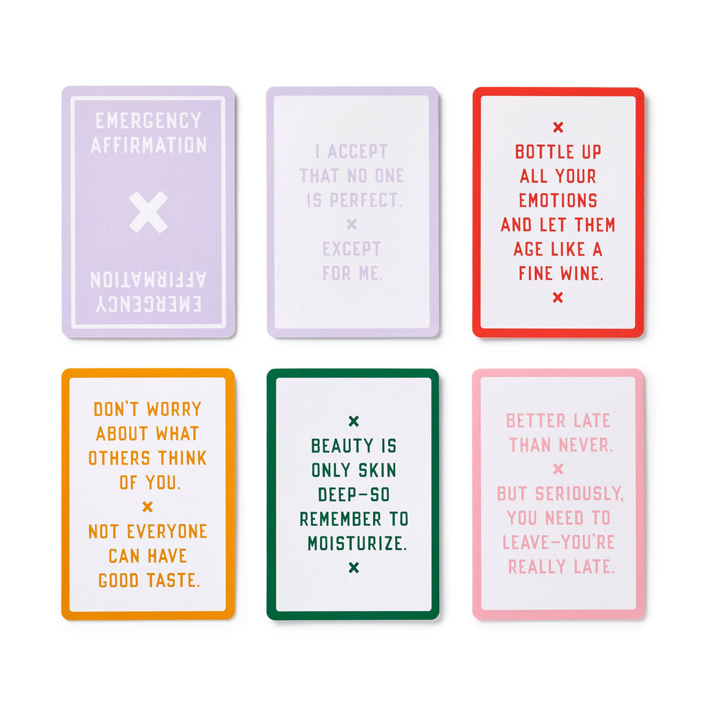 Close up view of various card included in the Emergency Affirmations Card Deck