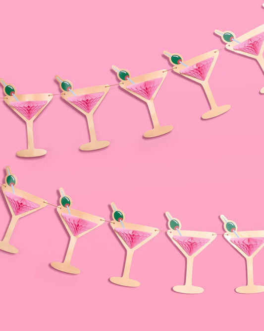 Martini banner with gold foil martini glasses, green olives, and pink tissue accents | 3D paper garland for parties
