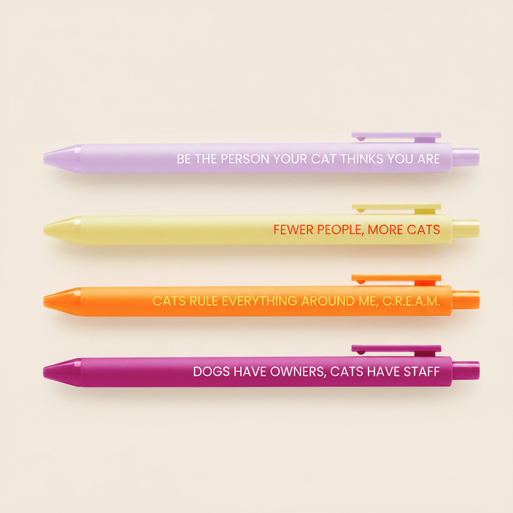 Four pens with humorous quotes for a cat person on a white background
