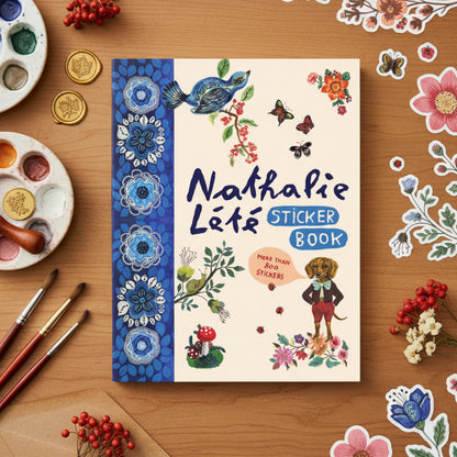 Sticker book cover with colorful illustrations of nature and a dog, featuring the brand 'Nathalie Léte'.