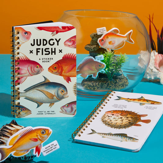 Sticker book with fish illustrations and a fishbowl on a colorful background
