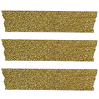 Three strips of the glittery gold washi craft tape on a white background