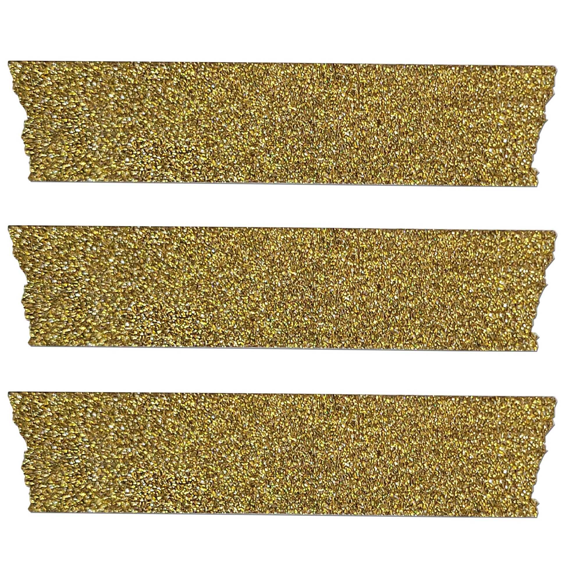 Three strips of the glittery gold washi craft tape on a white background