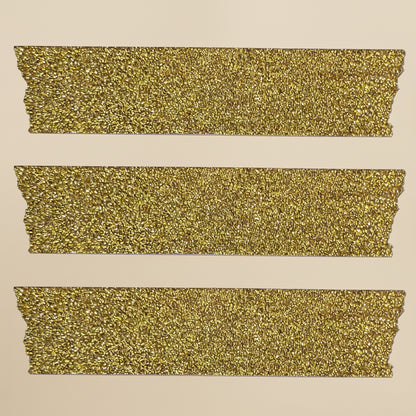Three strips of the glittery gold washi craft tape on a white background
