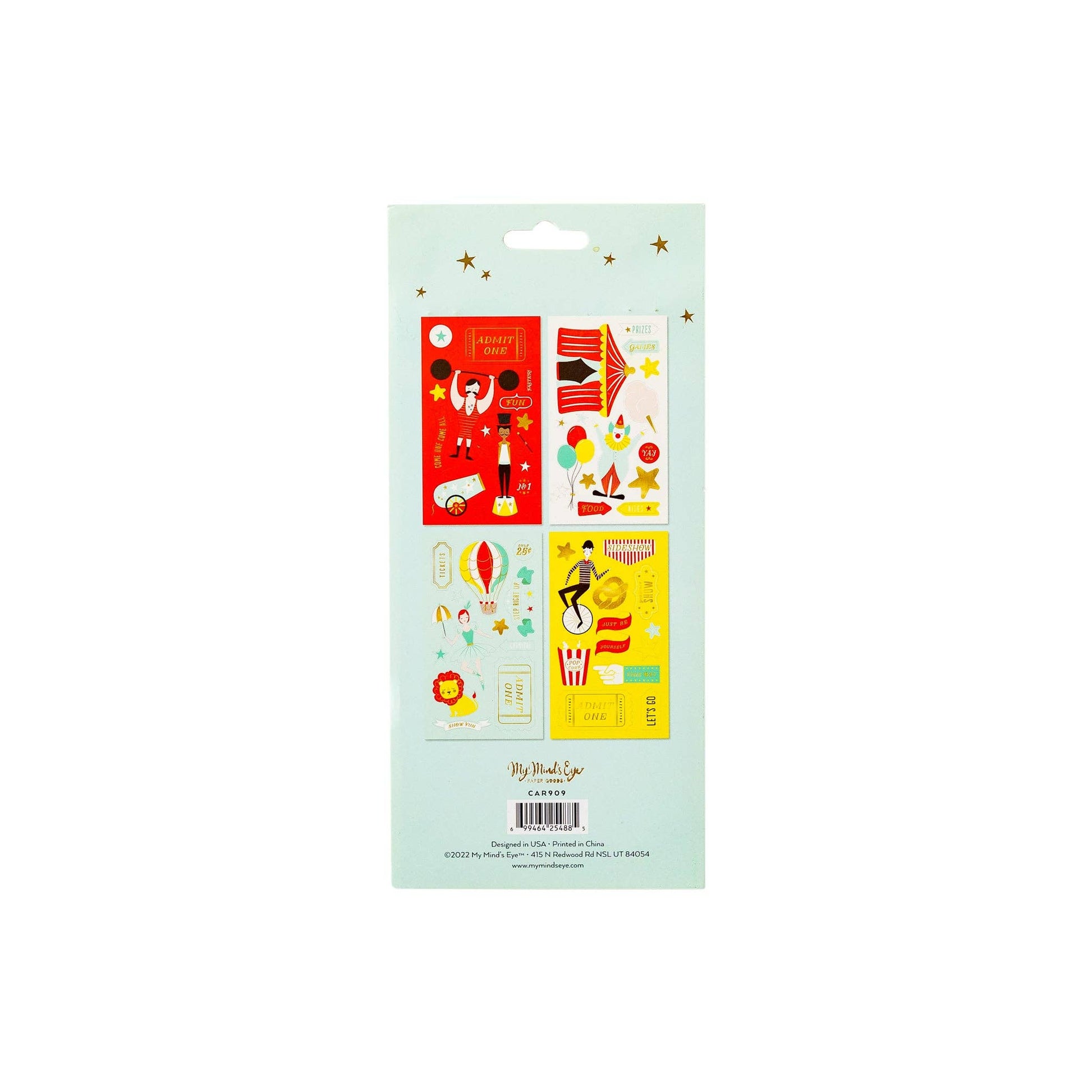 Close up of the back of the Carnival-themed sticker sheets showcasing the four sheets