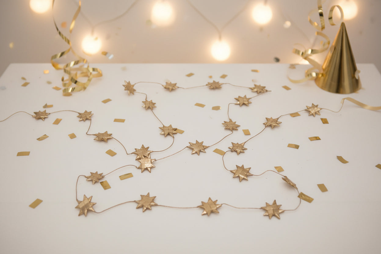 Star-shaped string lights on a white background