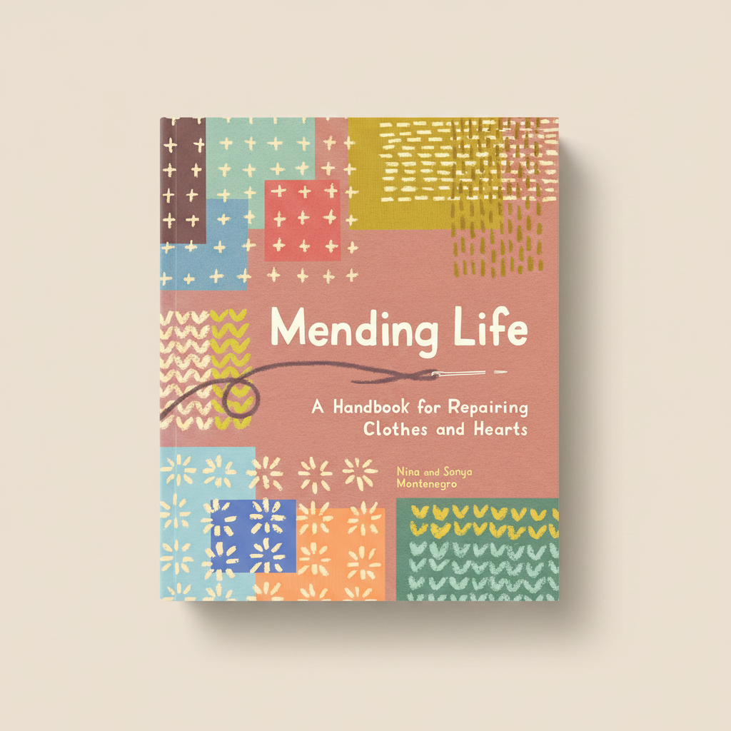 Book titled 'Mending Life' with colorful patterns on a beige background