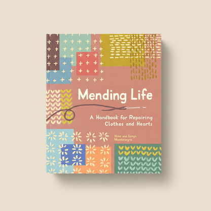 Book titled 'Mending Life' with colorful patterns on a beige background