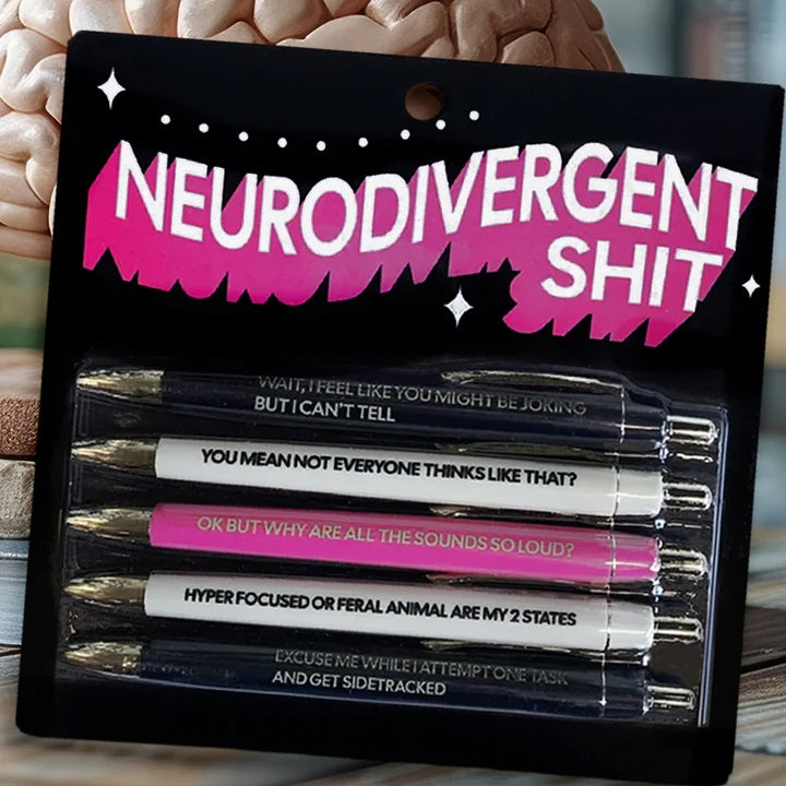 Neurospicy black ink ballpoint pen set with humorous phrases