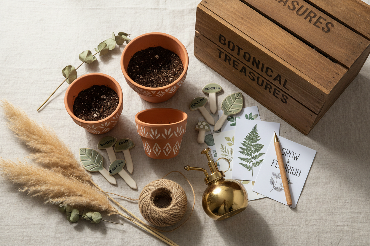 Botanical-themed items including pots, plants, and a wooden box labeled 'Botanical Treasures' on a light surface.